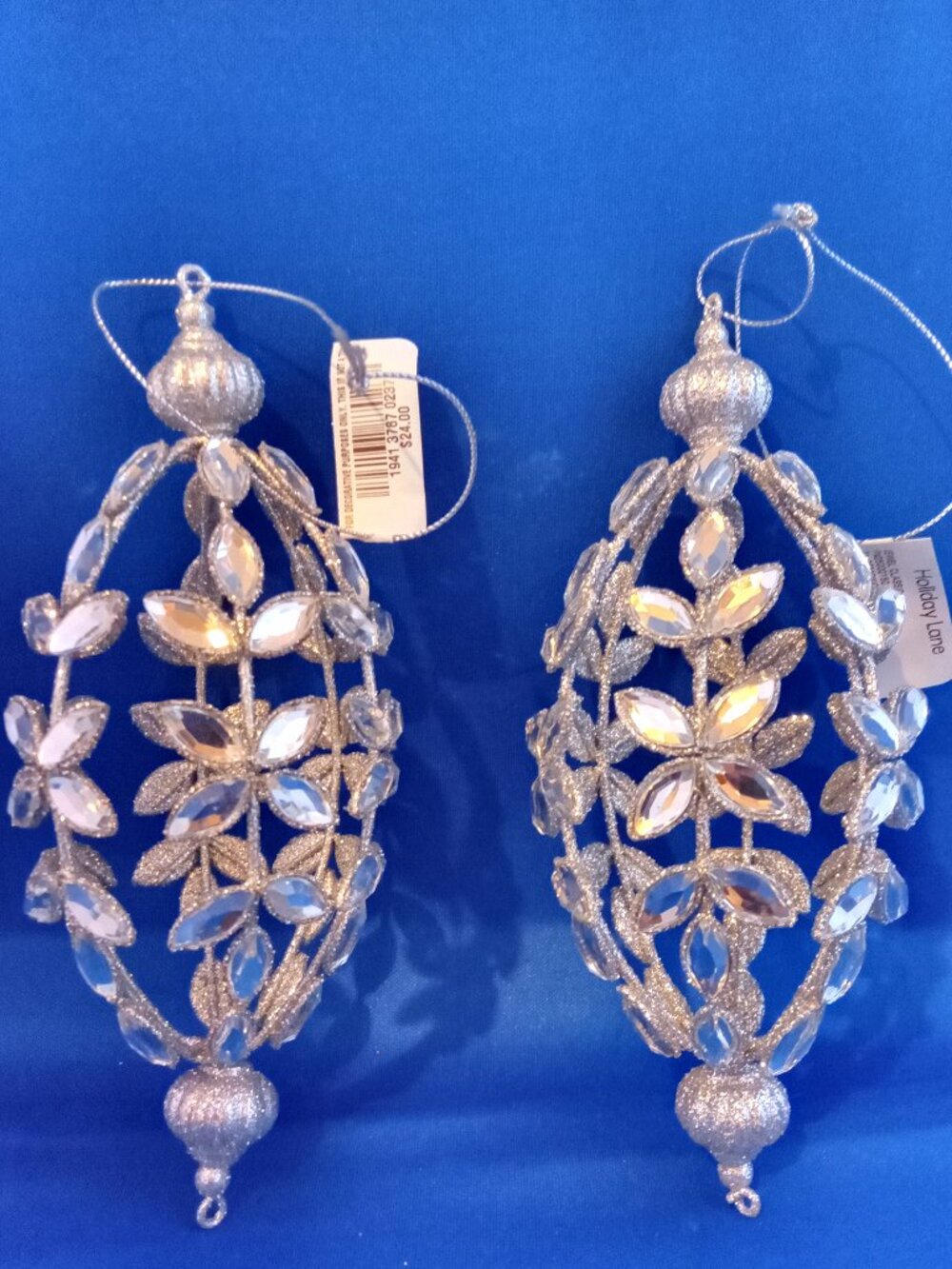 Set of 2 large silver & rhinestone oblong openwork  Christmas ornaments